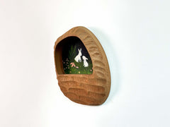 Rustic Hand-Carved Wall Niche Frame with Bunny Landscape Art | Cozy Home Decor