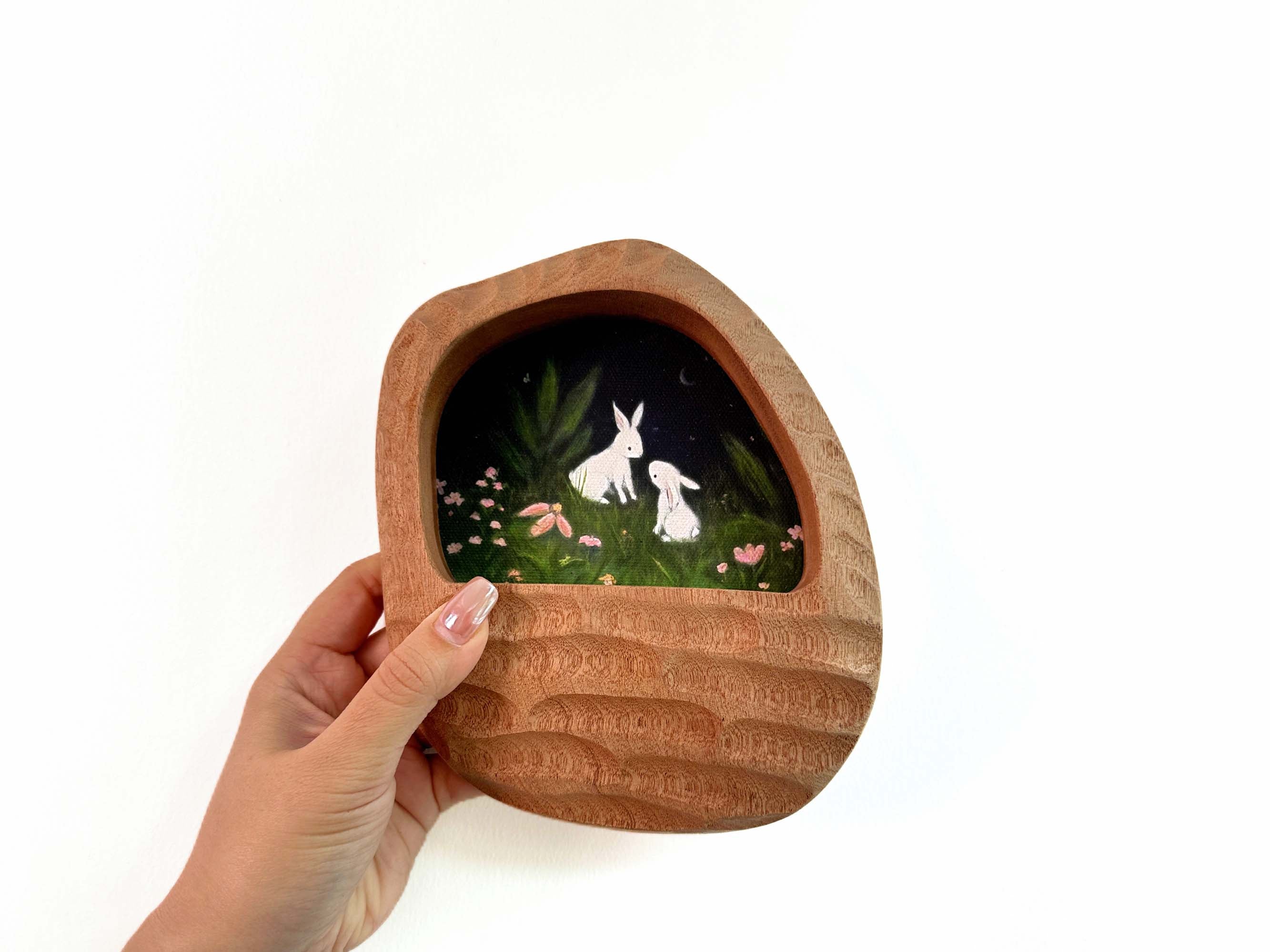 Rustic Hand-Carved Wall Niche Frame with Bunny Landscape Art | Cozy Home Decor