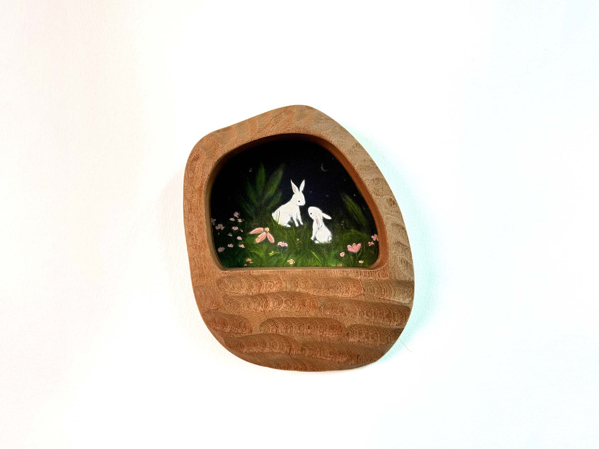 Rustic Hand-Carved Wall Niche Frame with Bunny Landscape Art | Cozy Home Decor