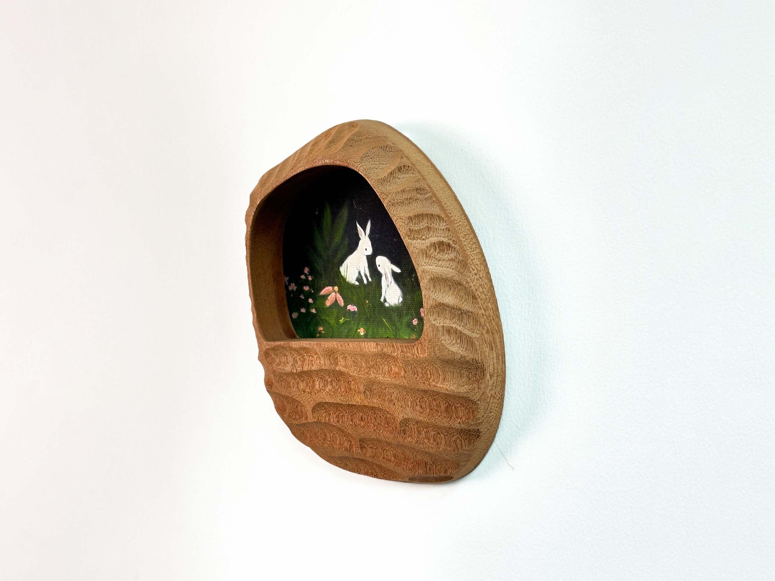 Rustic Hand-Carved Wall Niche Frame with Bunny Landscape Art | Cozy Home Decor