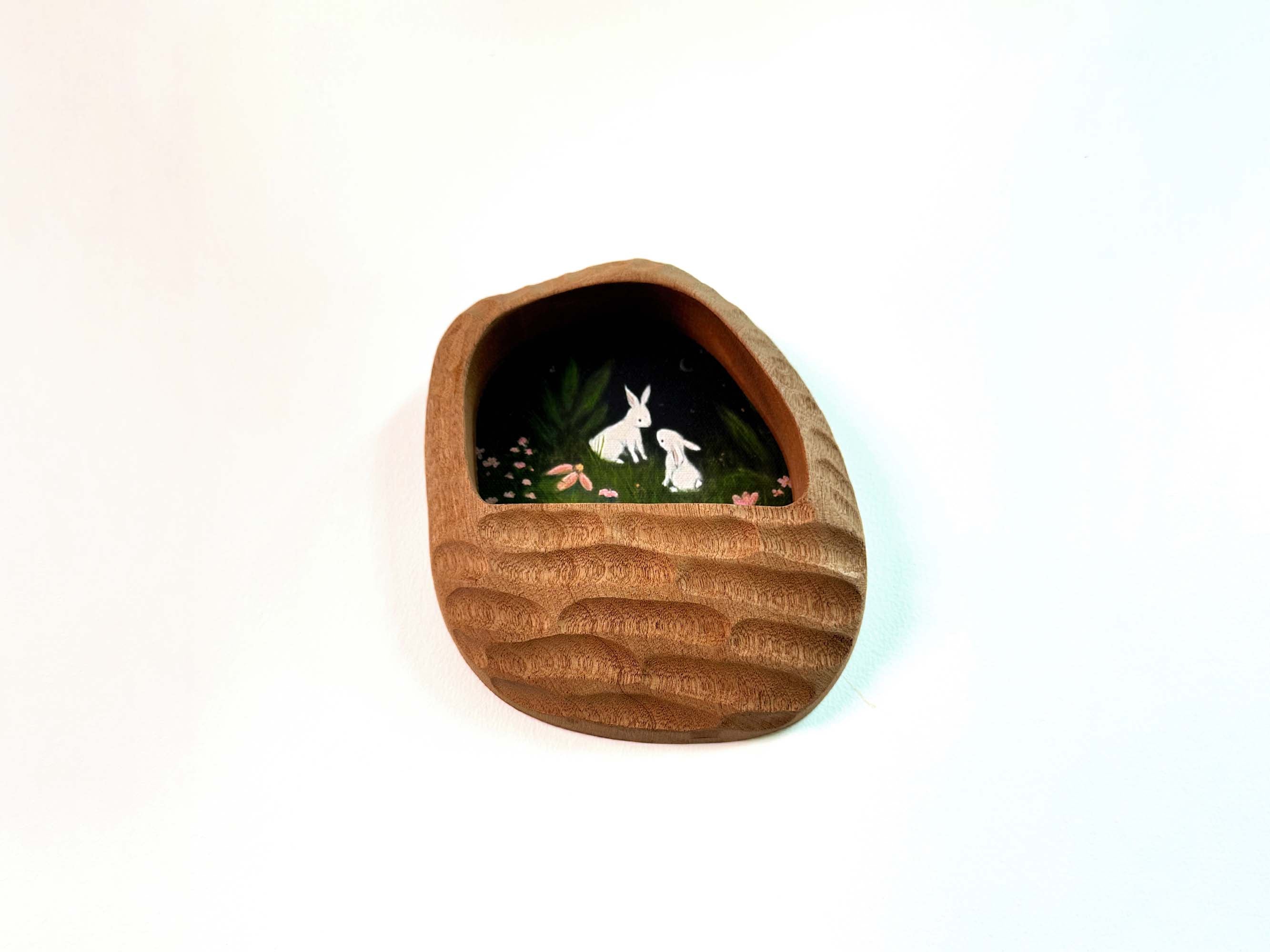 Rustic Hand-Carved Wall Niche Frame with Bunny Landscape Art | Cozy Home Decor