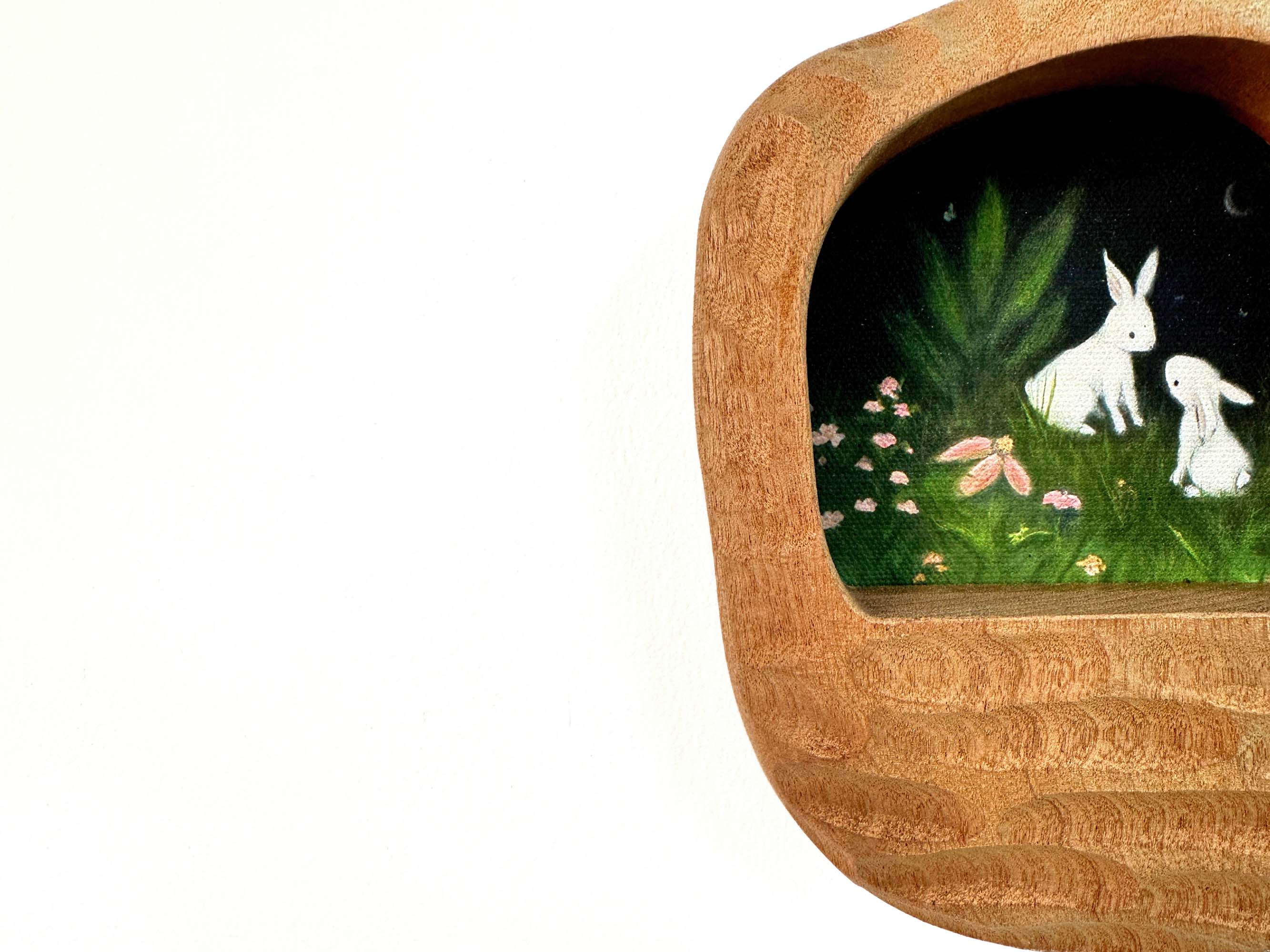 Rustic Hand-Carved Wall Niche Frame with Bunny Landscape Art | Cozy Home Decor