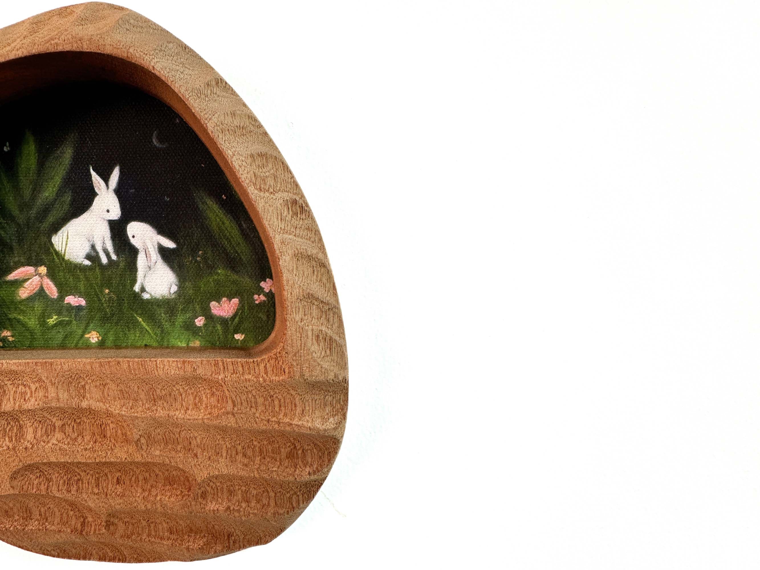 Rustic Hand-Carved Wall Niche Frame with Bunny Landscape Art | Cozy Home Decor